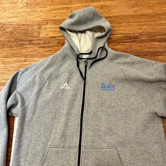 Adidas UCLA full zip gray sweatshirt jacket w/ blue stripes & hood. Men's Medium - Picture 2 of 11